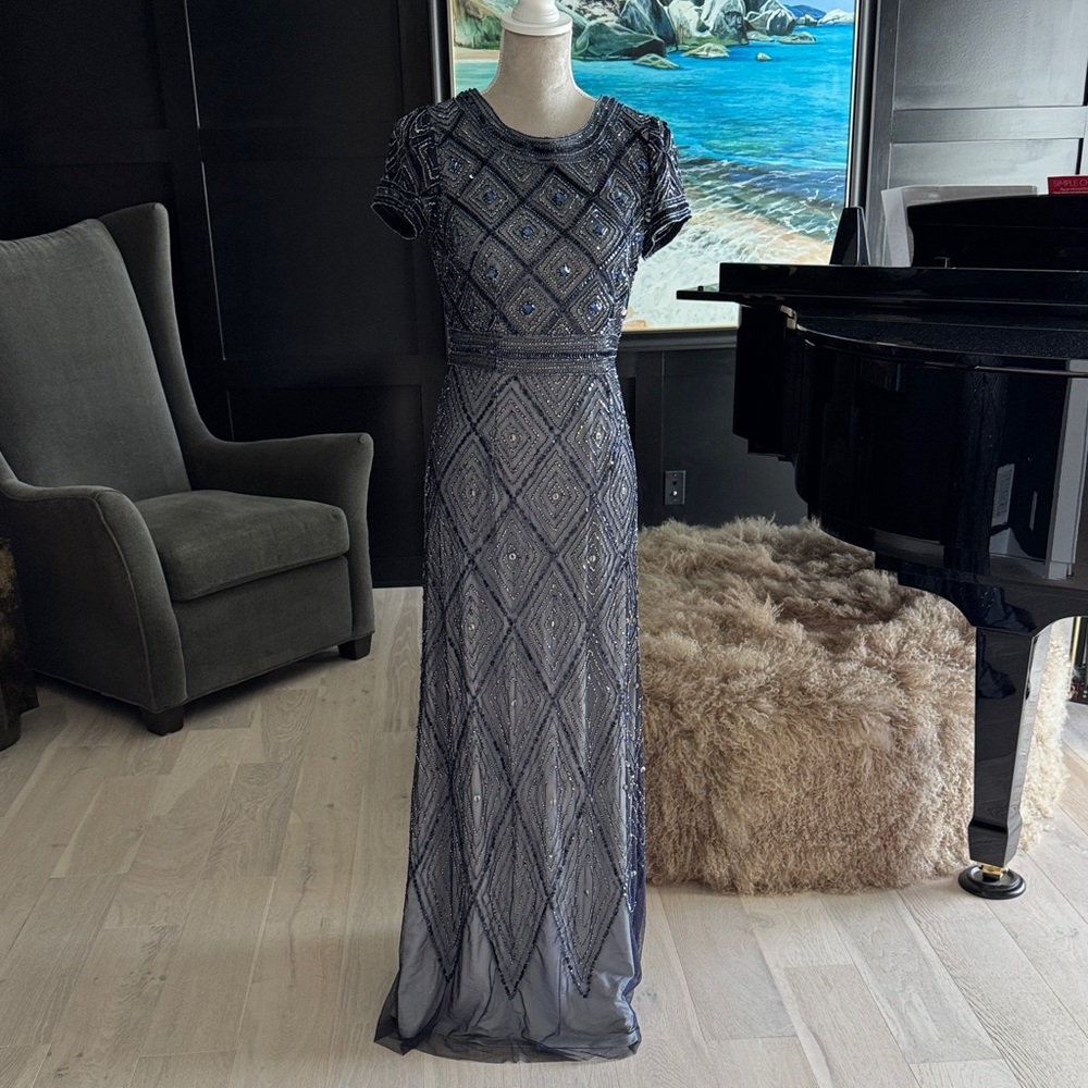 Adrianna Papell Navy Beaded Maxi Dress